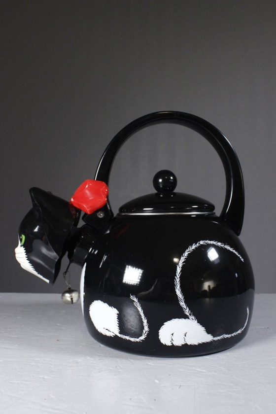 Image 1 of Vintage teapot from Via Ancona NYC, 1997, shaped like a black cat with a bell