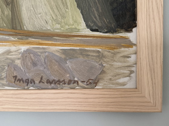 Image 1 of Vintage (1954) olieverfschilderij 'Strandhuizen' van de Zweedse schilder Inga Larsson