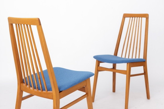 Image 1 of 2 of 6 Vintage Dining Chairs, 1960s German Design, Mid Century Modern Beech Chairs, Reupholstered Blue Fabric Seats