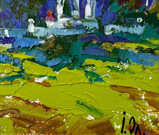 Image 1 of Origineel olieverfschilderij: Zomers boslandschap, een wandeling in het park.