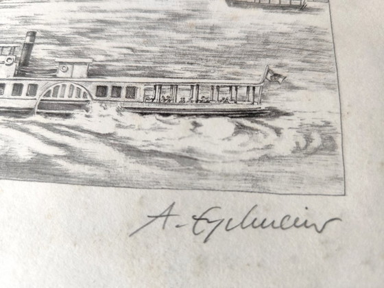 Image 1 of Litografia vintage firmata | Basilea – Am Kleinbasler Ufer | Annette Engelmeier