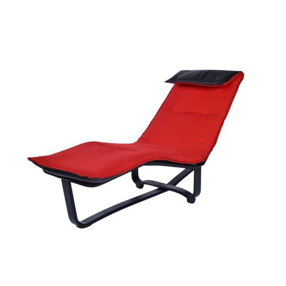 Image 1 of Westnofa Norwegian Black Leather and Red Wool Reversible Scandinavian Modern Chaise Lounge