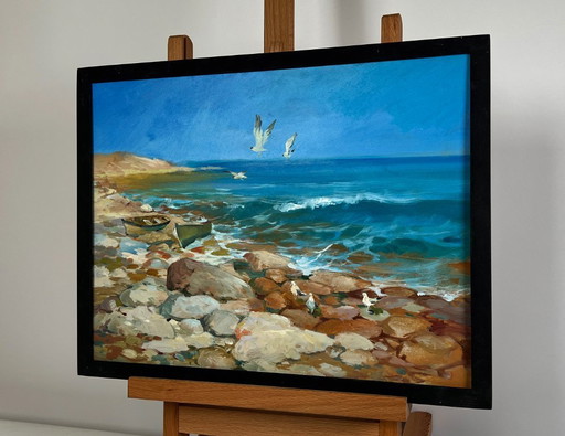 Pintura al óleo original Paisaje costero marino Sonidos de pájaros y olas del mar