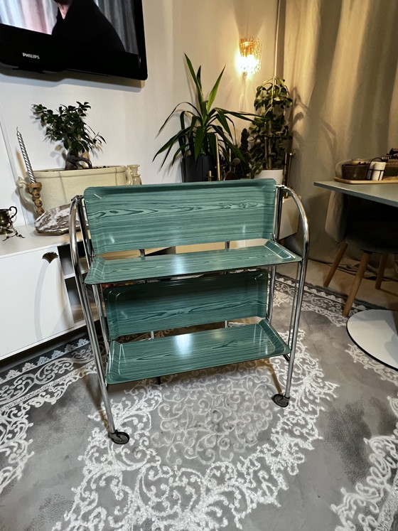 Image 1 of Carrello di servizio vintage, carrello bar, cromato, anni '70, carrello pieghevole con ruote, carrello da pranzo