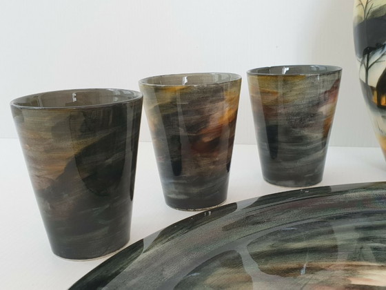 Image 1 of ENSEMBLE 1950 PLATEAU CARAFE & VERRES VINTAGE CERAMIQUE MONACO MONACERA 50S 50'S