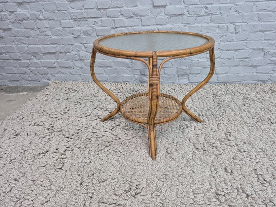 Image 1 of Elegant Bamboo Side Table with Woven Magazine Rack and Textured Glass Top. The Netherlands, 1950s-1960s.
