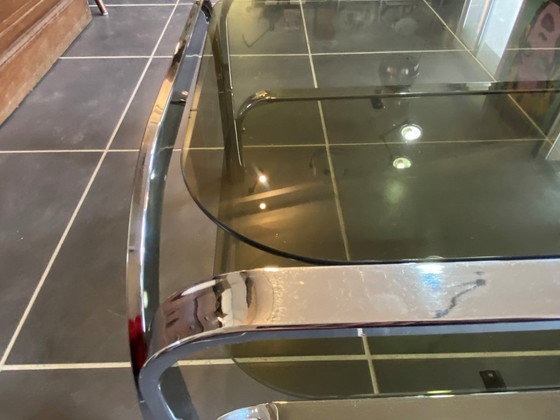 Image 1 of Table basse double plateau verre chrome style Bauhaus vintage 1970
