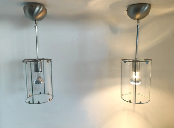 Set of 2 cylindrical Metal/glass Pendant Lights (with glass 'windows')., Ceiling lights, White (photo 2 of 10)