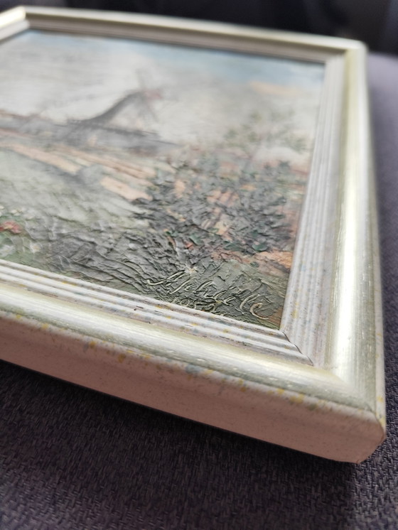 Image 1 of Olieverfschilderij "Windmolen in landschap" gesigneerd A. Schiele 1952, 27,5 x 27,5 cm Kunst