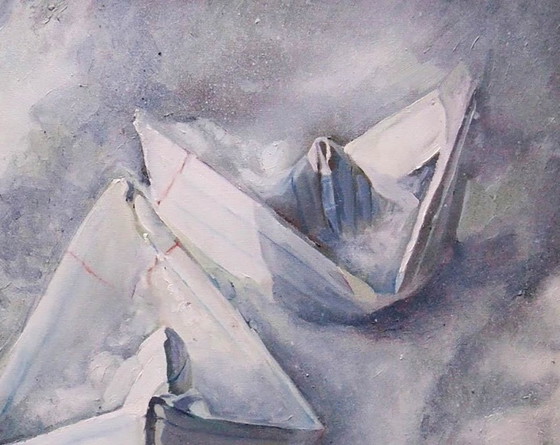 Origineel olieverfschilderij, hedendaagse kunst, symboliek, sneeuw, lente in aantocht. (photo 4 of 7)
