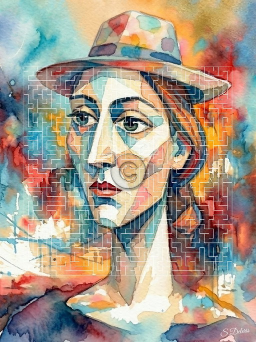 Abstraktes Aquarell / Die Frau Mit Dem Hut / (50x75 Cm)