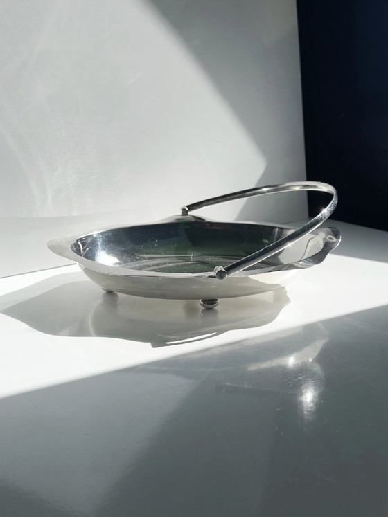 Vintage Italian Silver-Plated Serving Dish with Folding Handle, Serving Basket on Ball Feet, Silver Plate (photo 2 of 5)