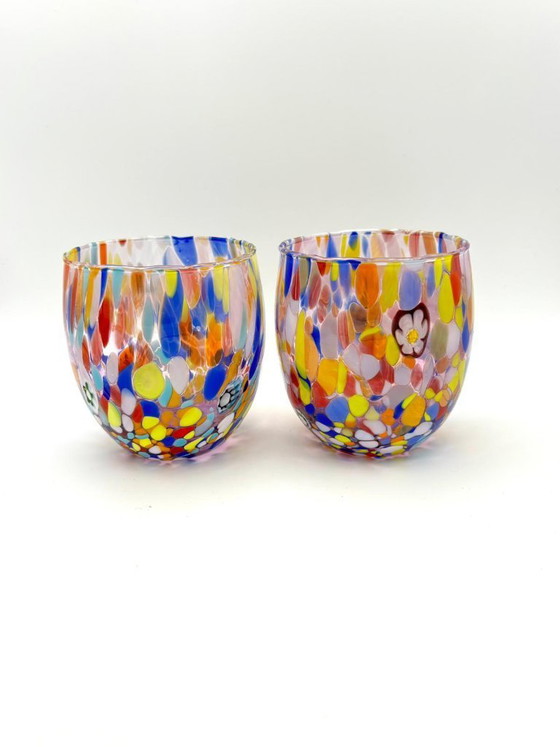 Image 1 of Set di 6 bicchieri in vetro soffiato veneziano con murrine Effetre Murano fuse nel vetro, hand made in italy.
