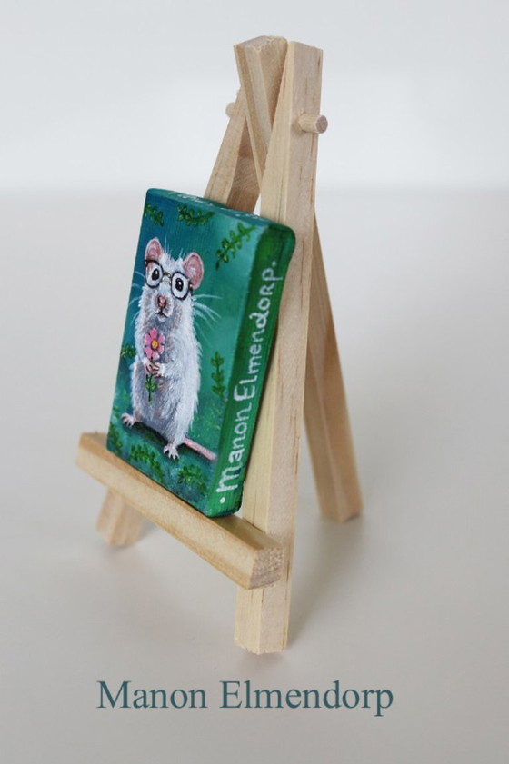 Image 1 of Handgeschilderd Muizen Schilderijtje : Muis met Bloem