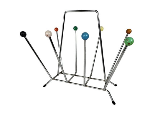 Image 1 of Charles and Ray Eames style magazine rack - Atomic - chrome - wood - Sputnik - 80s