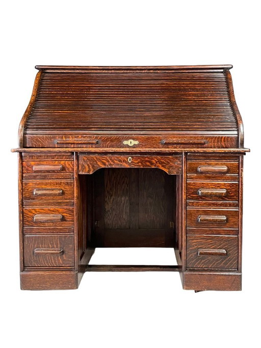 Escritorio americano Roll-Top, roble macizo, Checoslovaquia, años 30