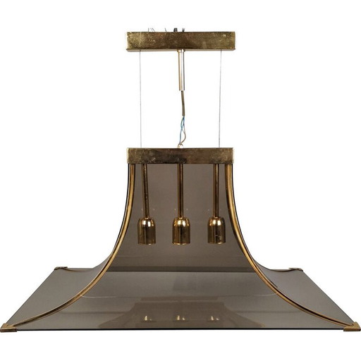 Vintage Pagoda Pendelleuchte aus Rauchglas, Messing und Stahl von Esperia, 1970