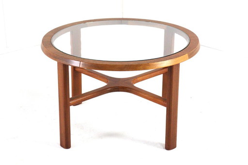 Table basse ronde G-Plan en teck avec plateau en verre, style vintage