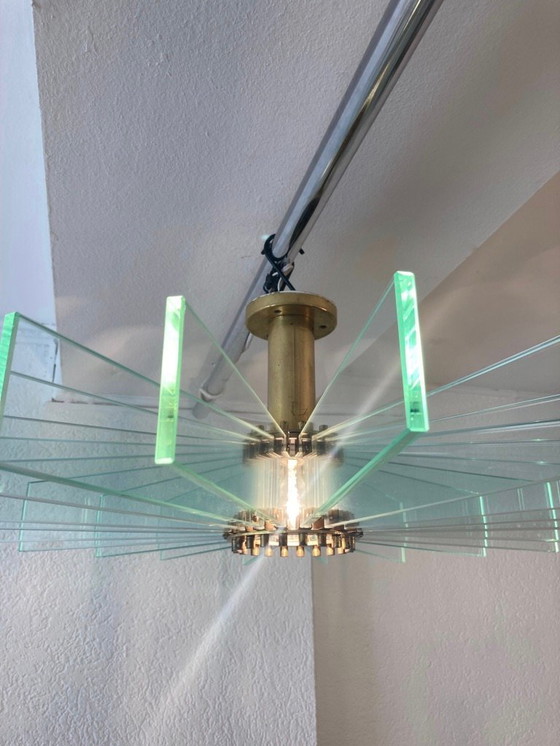 Image 1 of Incredibile grande lampada da incasso in ottone e vetro alla maniera di Fontana Arte ca. 1950s