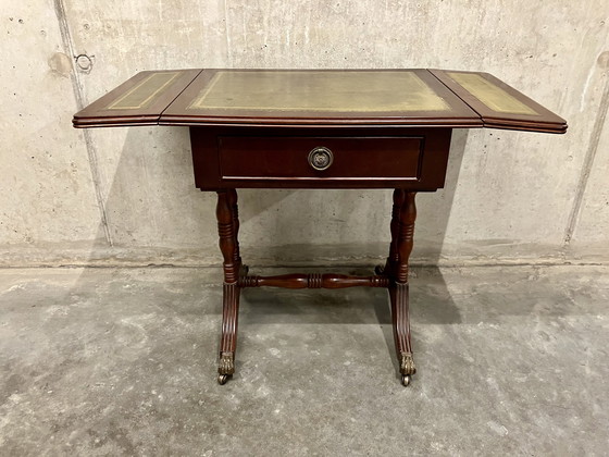Image 1 of 🇬🇧 Antique side table with green inlaid leather, drawer and flaps