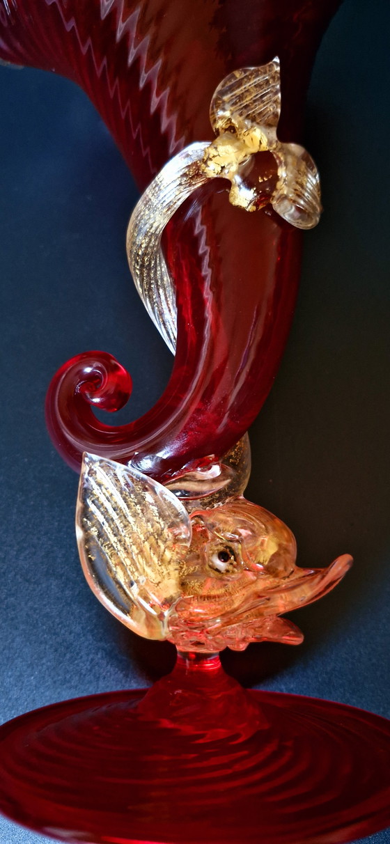 Image 1 of 60'S Murano Glass Cornucopia Vase With Gold Leaves 