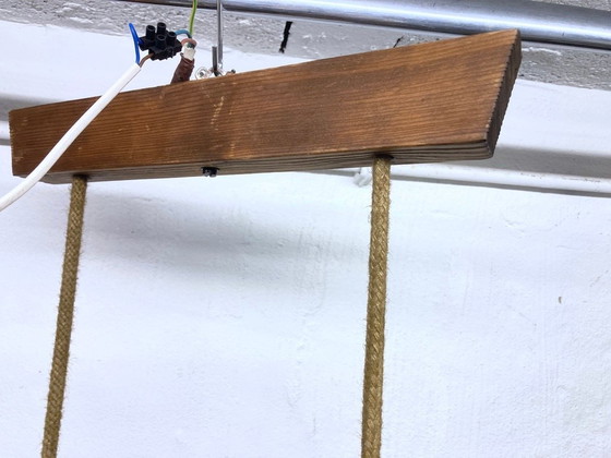 Image 1 of Hanglamp van Temde, gemaakt van hout en glas, met drie lichtpunten, in brutalistische stijl uit de jaren 70.