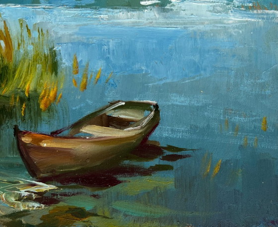 Image 1 of Original Oil Painting Summer River Landscape A boat among the reeds