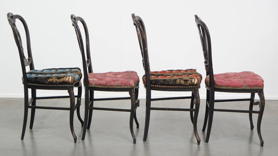 Image 1 of 4 x Antiek Frans Napoleon 3 stoeltje ingelegd met parelmoer