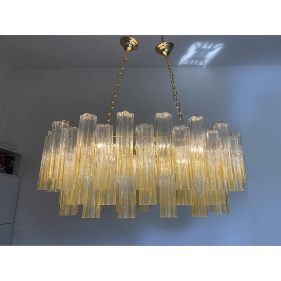Image 1 of Lampadario contemporaneo ovale in vetro di Murano "Tronchi" color ambra trasparente sfumato in stile Venini