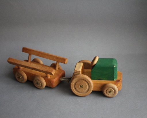 Vintage Wooden Tractor with Trailer Handmade