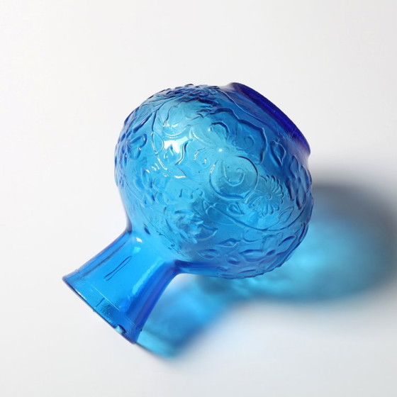 Image 1 of Vintage Small Blue Pressed Glass Vase with Flowers Pattern / Mid-century Home Decor / Italy / 1960s