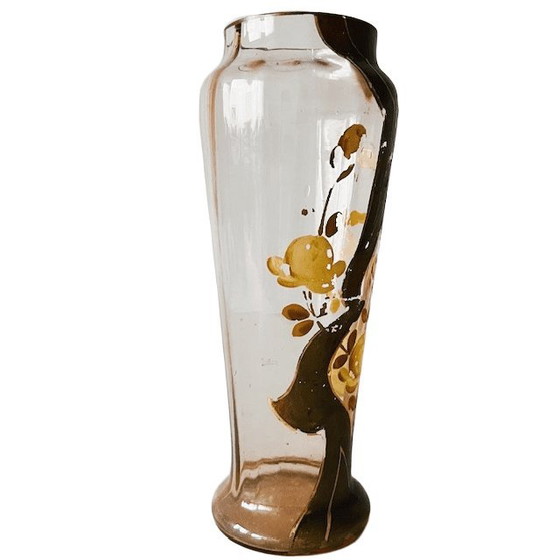 Image 1 of Jarrón antiguo de vidrio dorado Art Nouveau victoriano pintado a mano, década de 1900