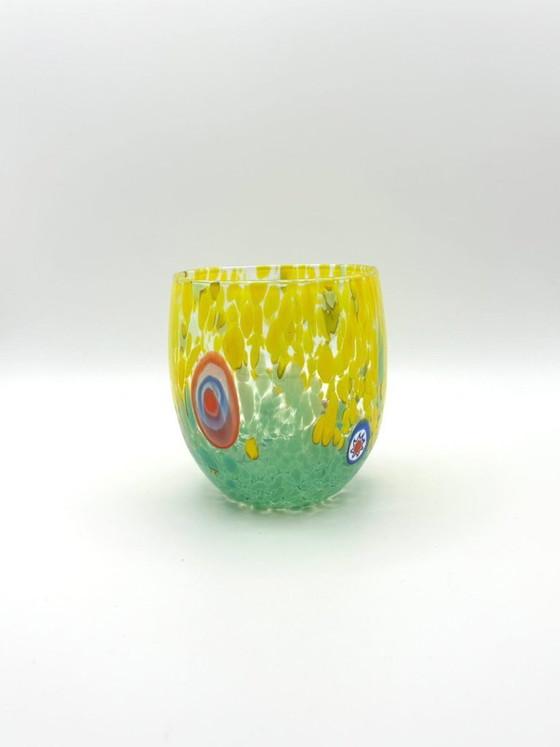 Image 1 of Set di 7 bicchieri in vetro soffiato veneziano con murrine Effetre Murano fuse nel vetro, hand made in italy.