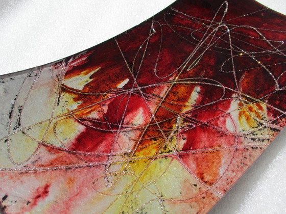 Image 1 of Fused glass sushi bowl or tray, rectangular, garnet/gold wire.