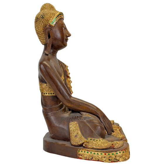 Antique Burmese Mandalay Wooden Buddha – Bhumisparsha – c. 1900–1930 – Sculpture, Glass (photo 8 of 11)