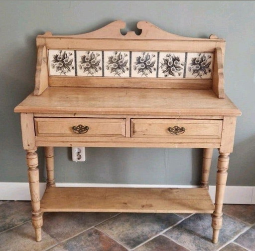 Lavabo antico vittoriano in pino con piastrelle floreali (circa 1890) – Pezzo unico!