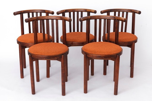 5 Bentwood Chairs 1950s, Vintage Beech Wood Chairs, Mid Century Dining Chairs, Rust Upholstered Seats