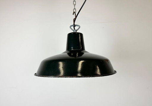 Industrial French Dark Green Enamel Factory Lamp, 1960s