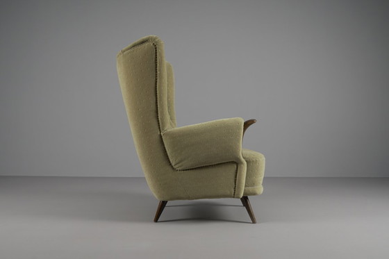Image 1 of Large Green Italian Wood & Fabric Wingback Armchair, 1950s