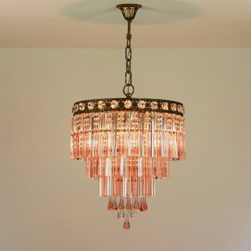 Rare French chandelier with Italian Murano teardrops | salmon pink crystal | 1950s/60s