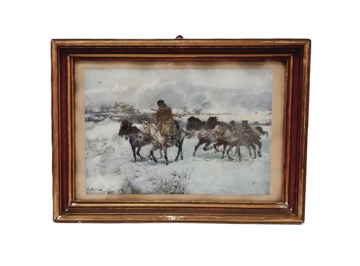 Antique framed woodprint, horses in winter