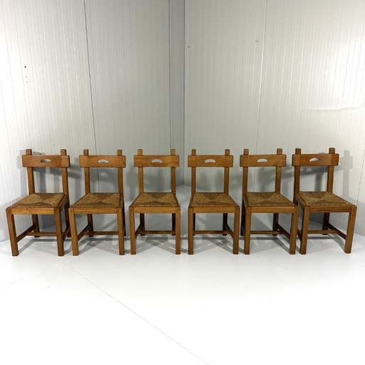 6 X Rustieke Blonde Eiken Eetkamerstoelen 1960's