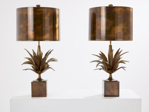 Maison Charles Paar von patinierten Bronze und Messing Lampen Agave 1970S