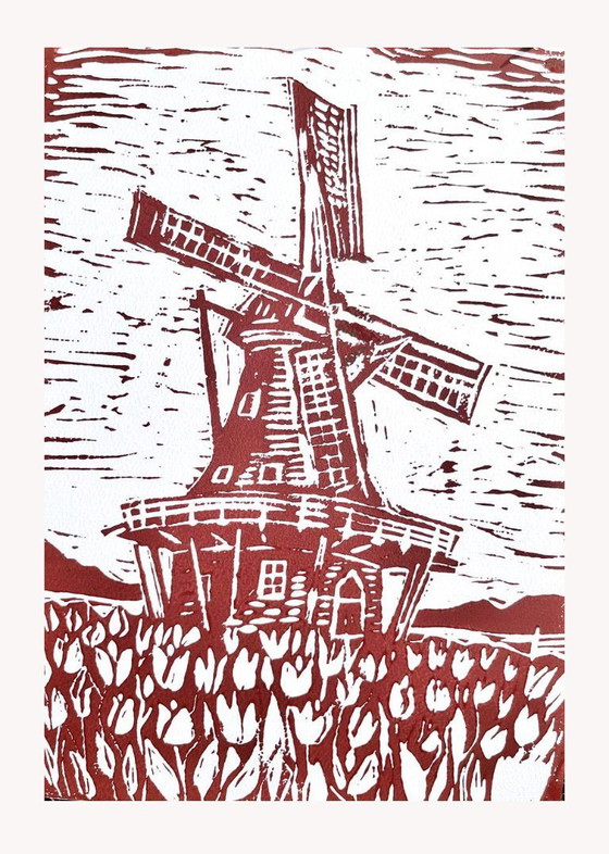 Image 1 of Grabado en linóleo de un molino de viento holandés | Tinta terracota, arte de campos de tulipanes (A4)