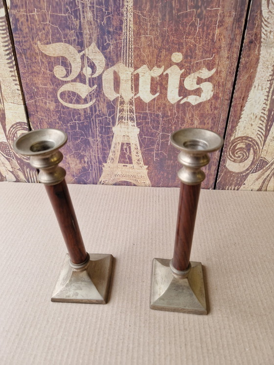 Image 1 of Chic set of candlesticks aluminum with wood