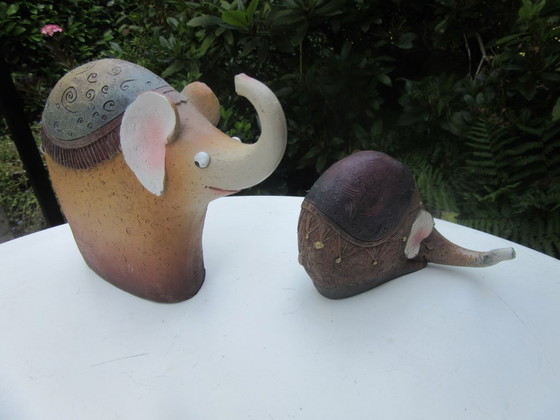 Image 1 of 2 Elephant Statues Figurines Ceramic Stoneware Mid Century Modern