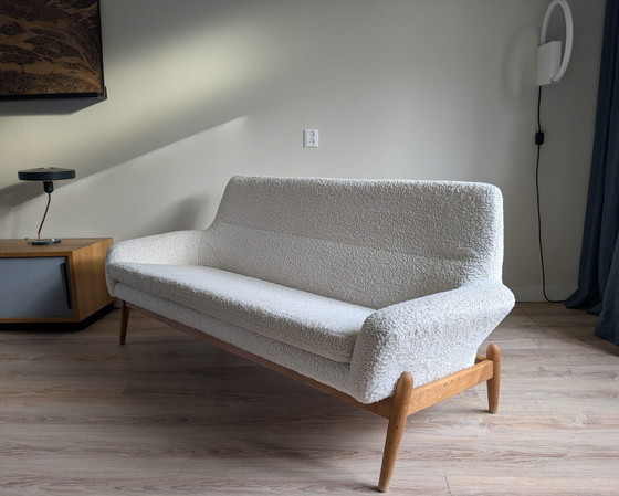 Image 1 of Ib Kofod Larsen for Bovenkamp Sofa in Oak wood and White Boucle Fabric