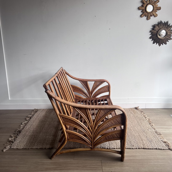 Image 1 of Lounge-Set mit Palmenblattmotiv, Sofa, 2 Sesseln und Tisch, Mid-Century-Stil