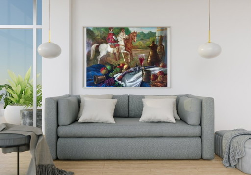 Original Oil Painting Expressionism Still Life Horseman Hunting – schilderijen tekeningen, Canvas (photo 2 of 9)