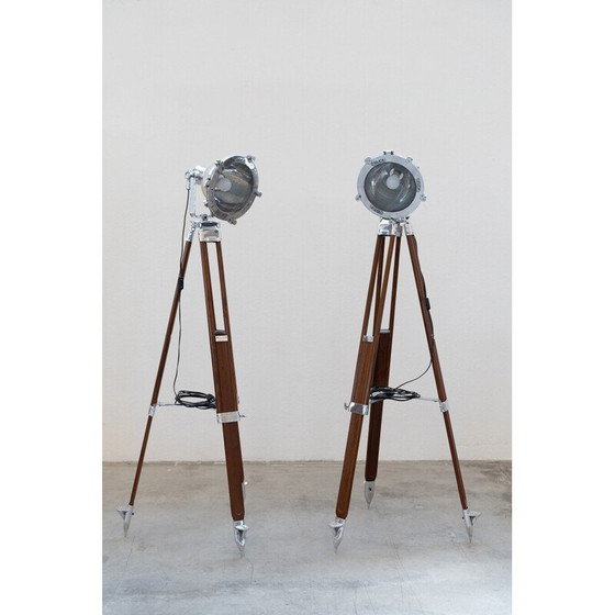 Image 1 of Pair of vintage tripod floor lamps in anodized aluminum and cherry wood, Italy 1989